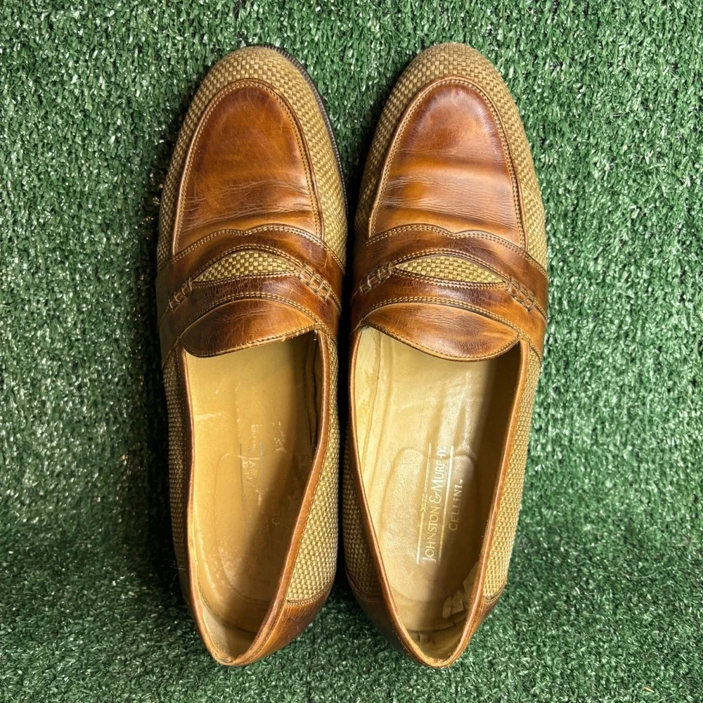 Johnston & Murphy‎ Cellini Woven Leather Penny Loafers Dress Shoes Tan Mens 11.5
